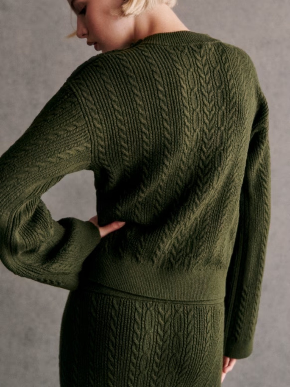 Sezane Camilla Jumper in Olive Green Bell Sleeve Cable Knit Sweater Size XL
